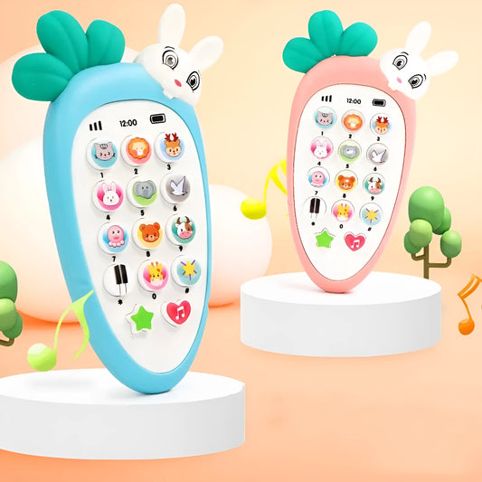 Pink baby electronic phone toy with colourful keys on a white background.
