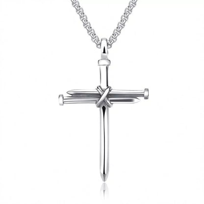 Stainless steel cross pendant necklace with 3mm round box chain in silver, black, gold, and rose gold finishes