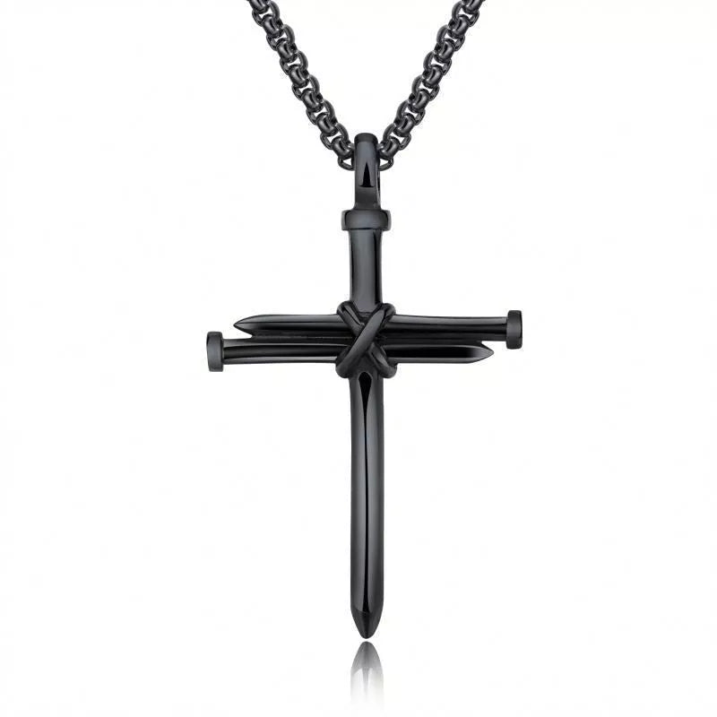 Stainless steel cross pendant necklace with 3mm round box chain in silver, black, gold, and rose gold finishes