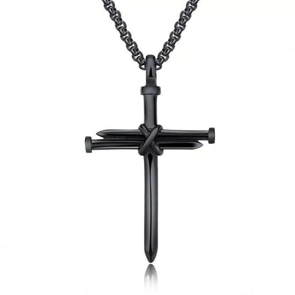 Stainless steel cross pendant necklace with 3mm round box chain in silver, black, gold, and rose gold finishes