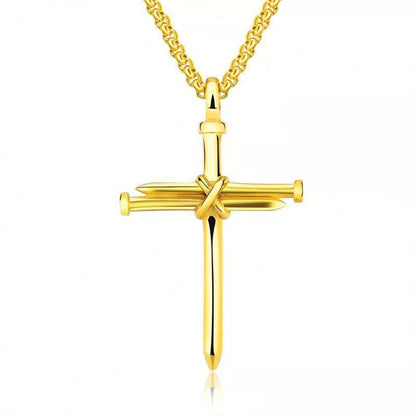 Stainless steel cross pendant necklace with 3mm round box chain in silver, black, gold, and rose gold finishes