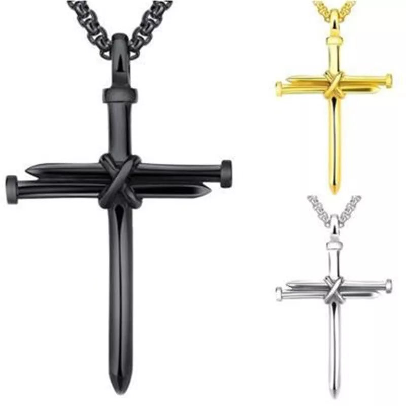 Stainless steel cross pendant necklace with 3mm round box chain in silver, black, gold, and rose gold finishes