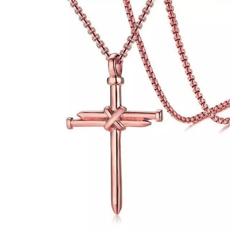 Stainless steel cross pendant necklace with 3mm round box chain in silver, black, gold, and rose gold finishes