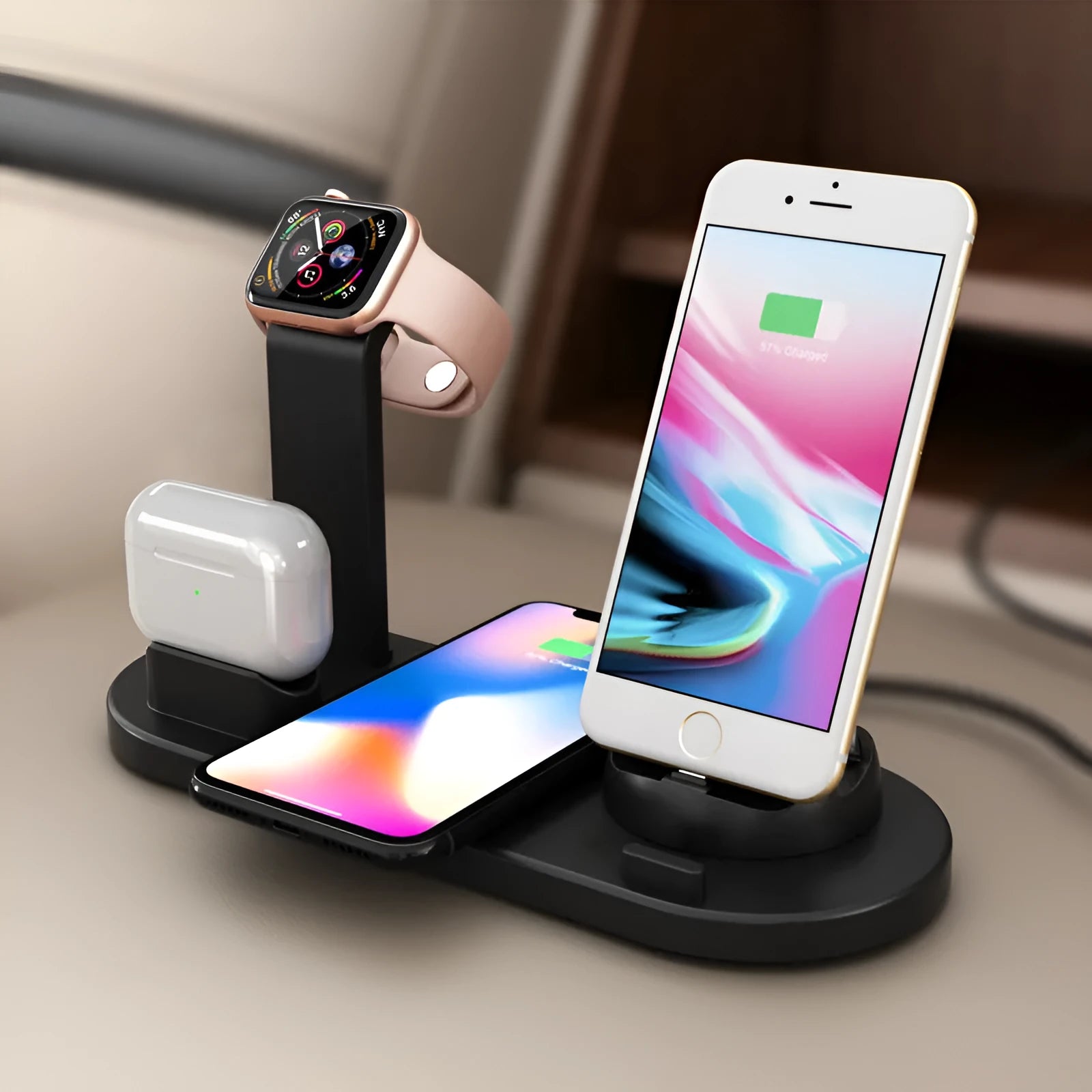 Three-in-one wireless charging bracket for phone, watch, and headphones in black colour