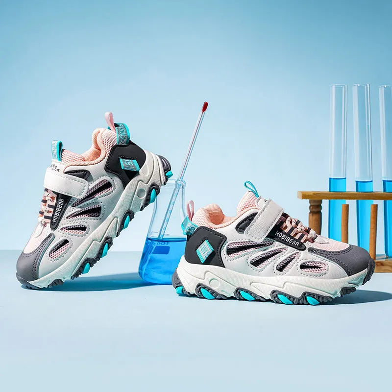 Children's mesh sports shoes in blue and pink with Velcro straps, sizes 26-37
