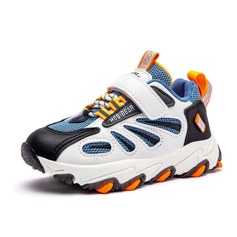 Children's mesh sports shoes in blue and pink with Velcro straps, sizes 26-37
