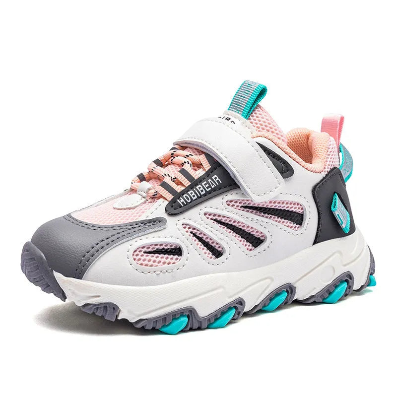 Children's mesh sports shoes in blue and pink with Velcro straps, sizes 26-37