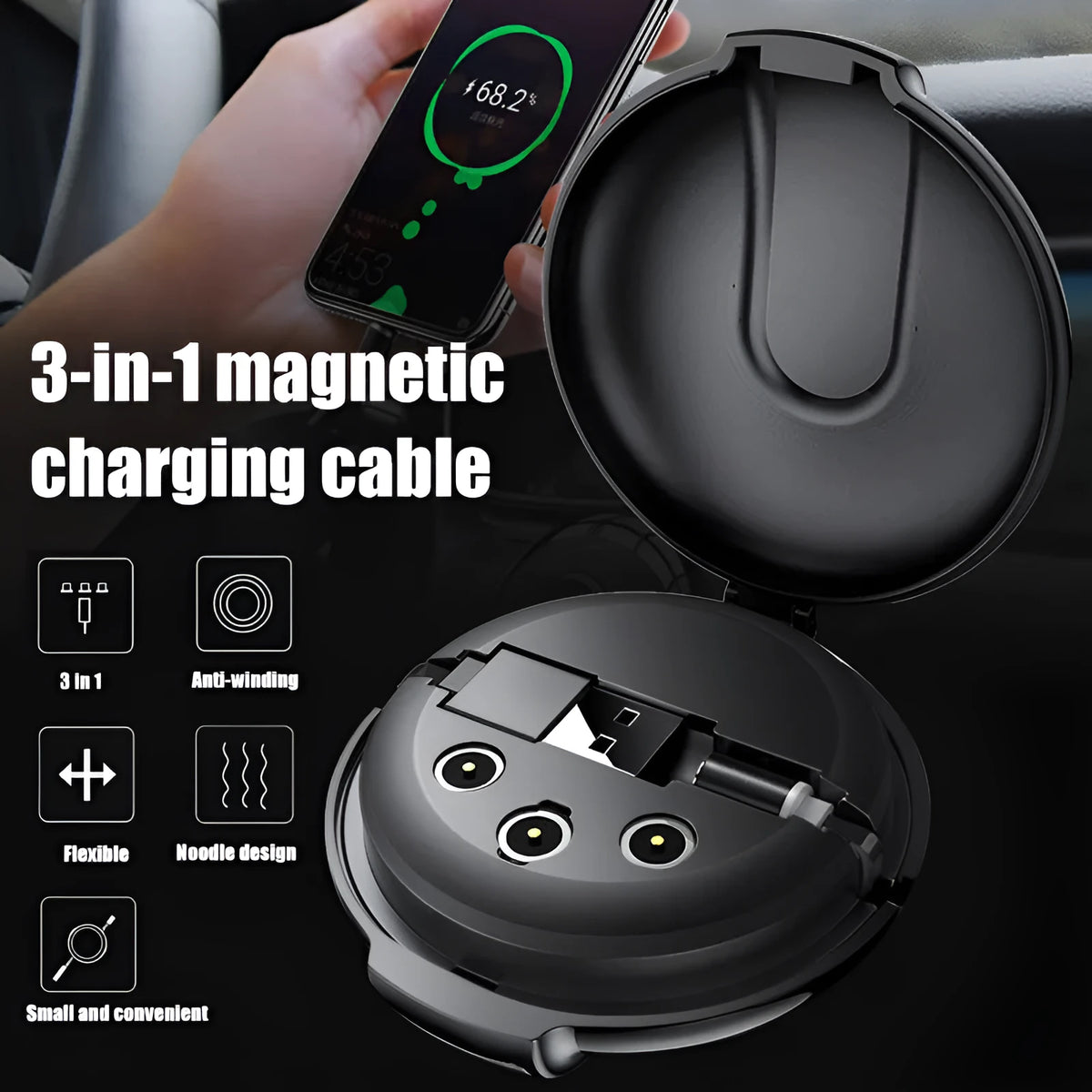 Black 3-in-1 magnetic retractable car phone charger with three charging plugs and magnetic patch