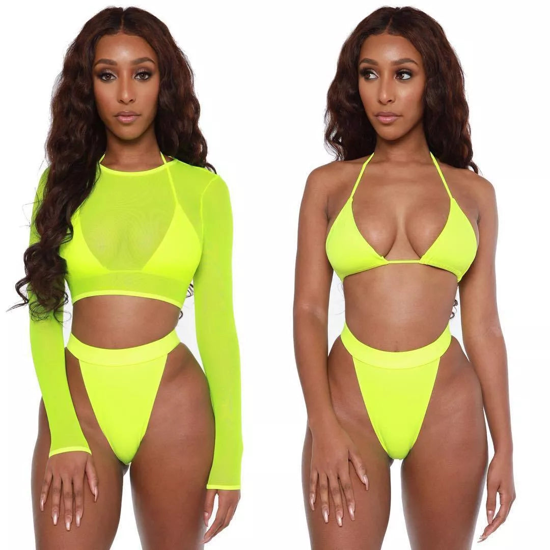 Neon green bikini set with long sleeve and high waist for women
