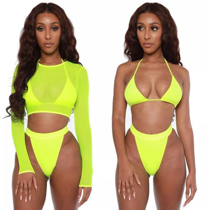 Neon green bikini set with long sleeve and high waist for women
