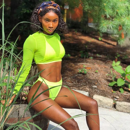Neon green bikini set with long sleeve and high waist for women