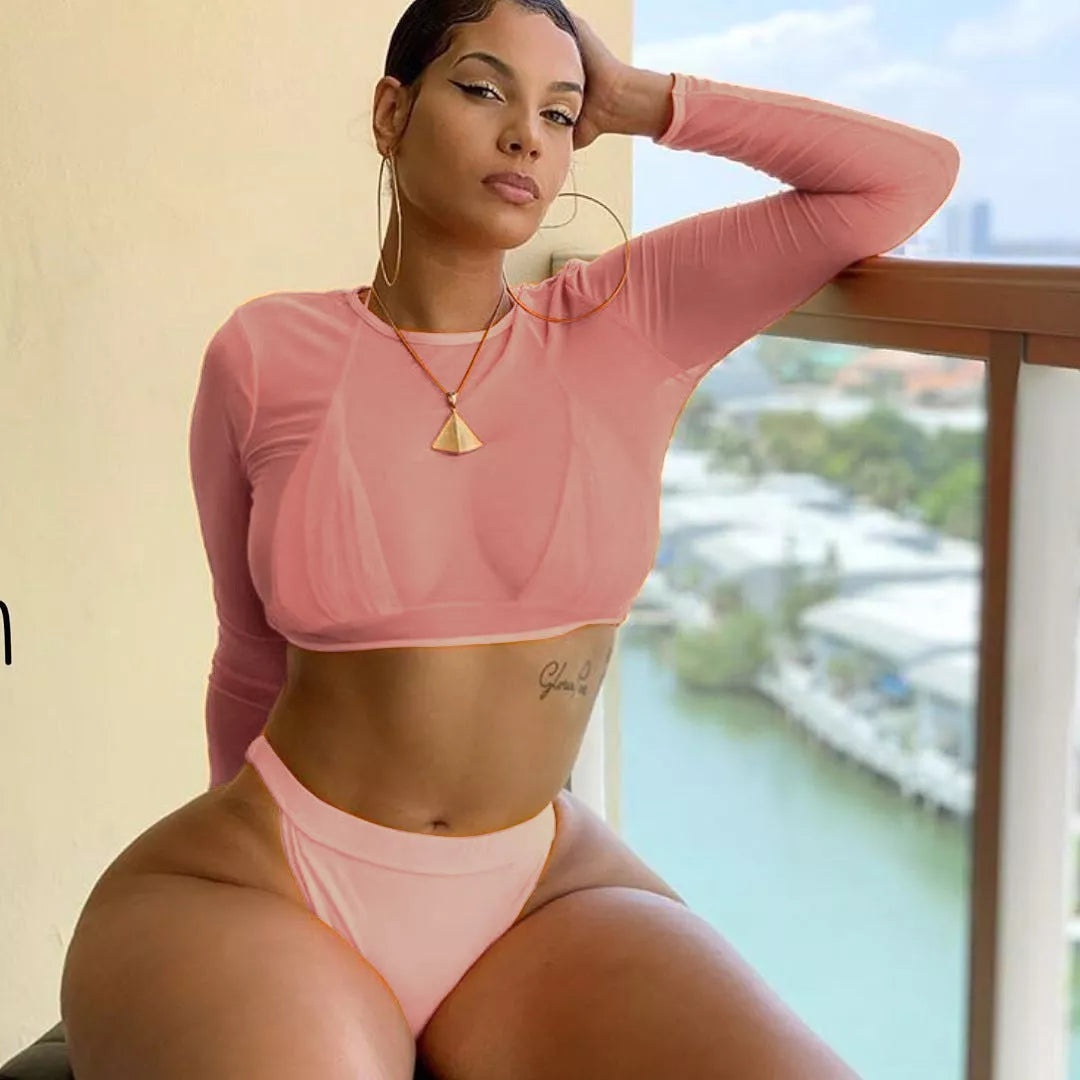 Neon green bikini set with long sleeve and high waist for women