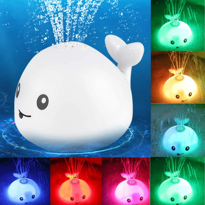 Automatic water-spraying whale bath toy for babies and toddlers with electric lights and music, an ABS sensory plaything for bath time, swimming pool, or as a party gift, featuring automatic induction that activates in water and stops when removed.