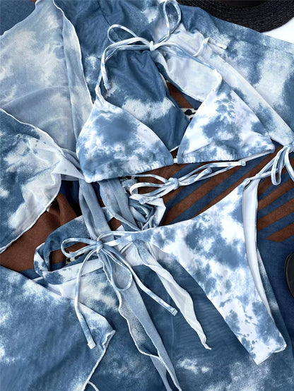 Tie dye long sleeve bikini set for women with sarong, vibrant four-piece swimwear