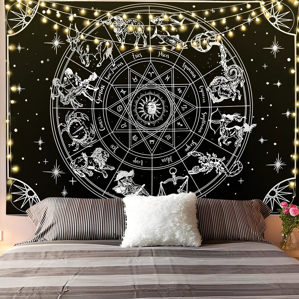 White and black geometric mandala pattern tapestry with sun and moon motifs on polyester fabric