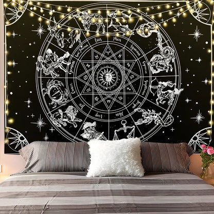White and black geometric mandala pattern tapestry with sun and moon motifs on polyester fabric