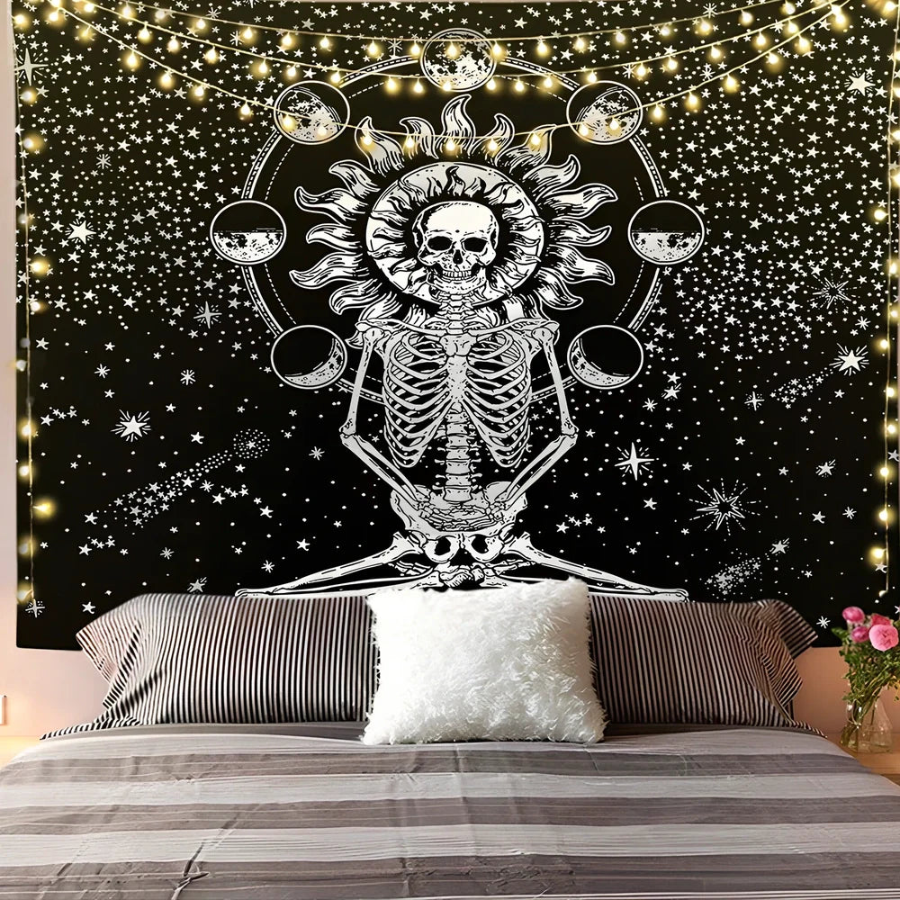 White and black geometric mandala pattern tapestry with sun and moon motifs on polyester fabric