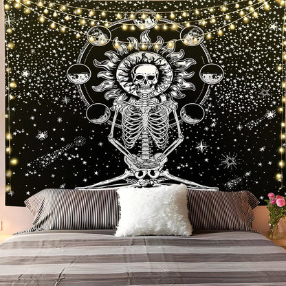 White and black geometric mandala pattern tapestry with sun and moon motifs on polyester fabric