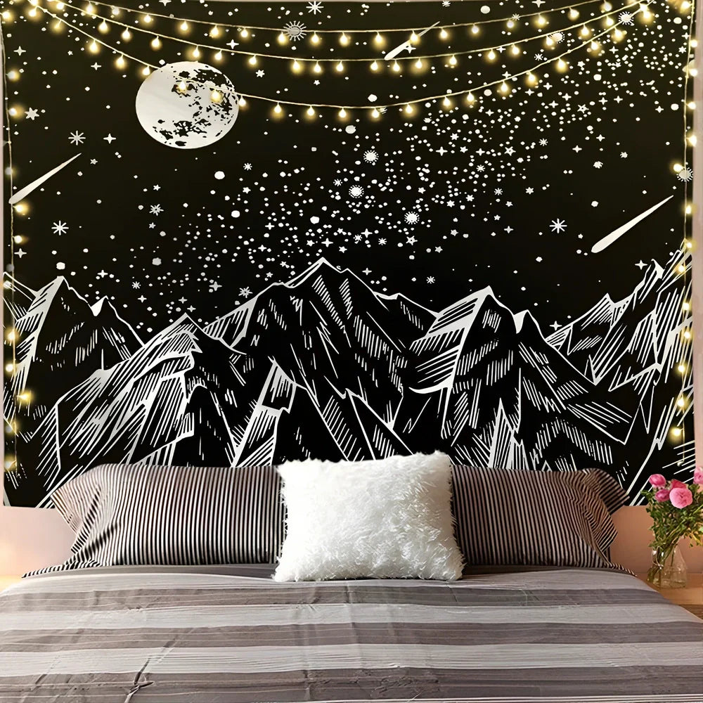 White and black geometric mandala pattern tapestry with sun and moon motifs on polyester fabric