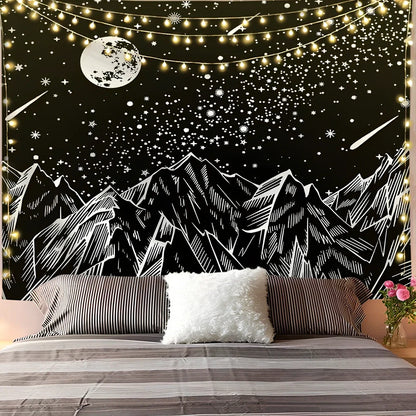 White and black geometric mandala pattern tapestry with sun and moon motifs on polyester fabric