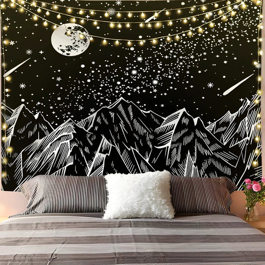 White and black geometric mandala pattern tapestry with sun and moon motifs on polyester fabric