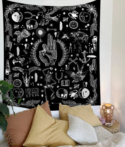 White and black geometric mandala pattern tapestry with sun and moon motifs on polyester fabric