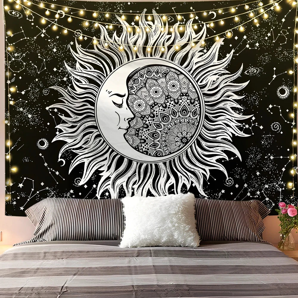 White and black geometric mandala pattern tapestry with sun and moon motifs on polyester fabric