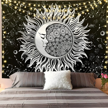 White and black geometric mandala pattern tapestry with sun and moon motifs on polyester fabric