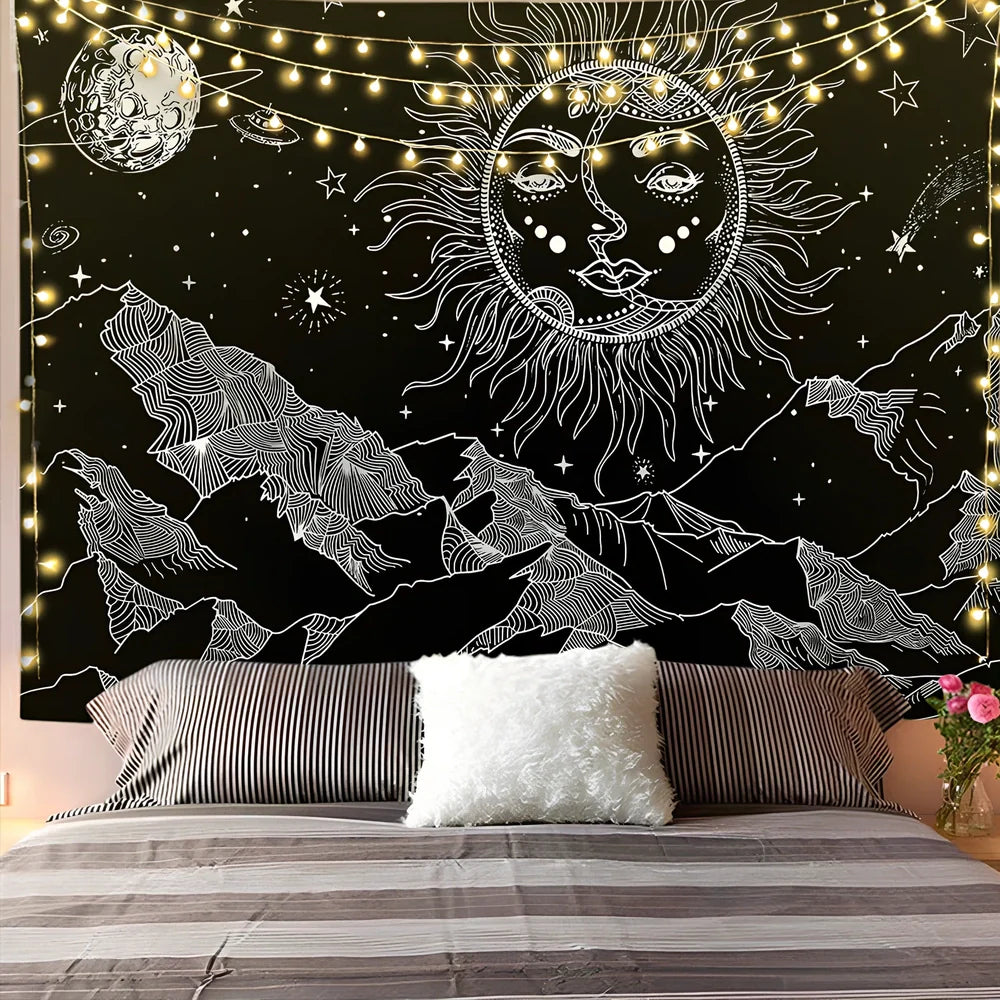 White and black geometric mandala pattern tapestry with sun and moon motifs on polyester fabric