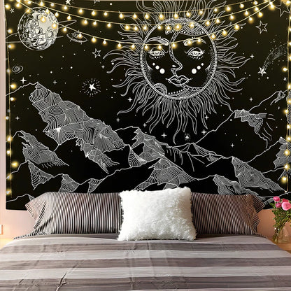 White and black geometric mandala pattern tapestry with sun and moon motifs on polyester fabric