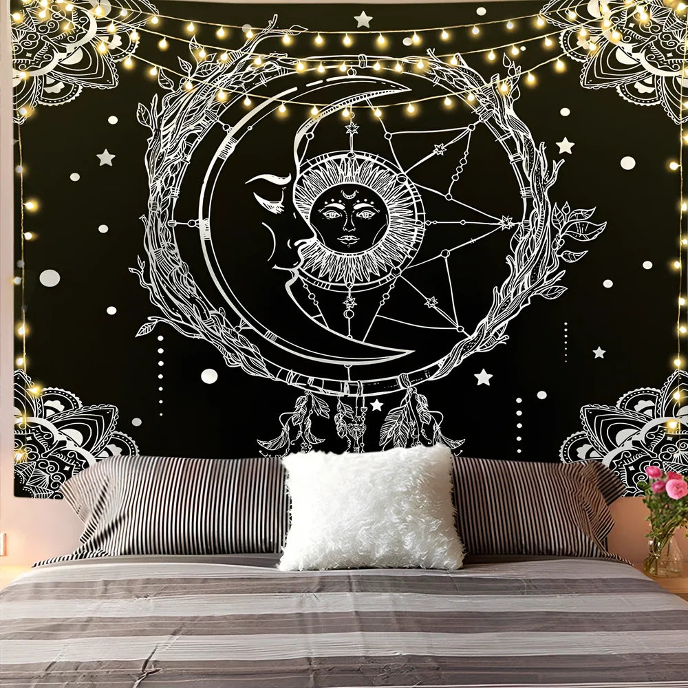 White and black geometric mandala pattern tapestry with sun and moon motifs on polyester fabric