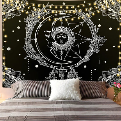 White and black geometric mandala pattern tapestry with sun and moon motifs on polyester fabric
