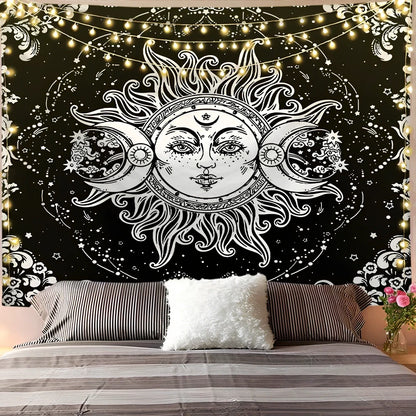 White and black geometric mandala pattern tapestry with sun and moon motifs on polyester fabric