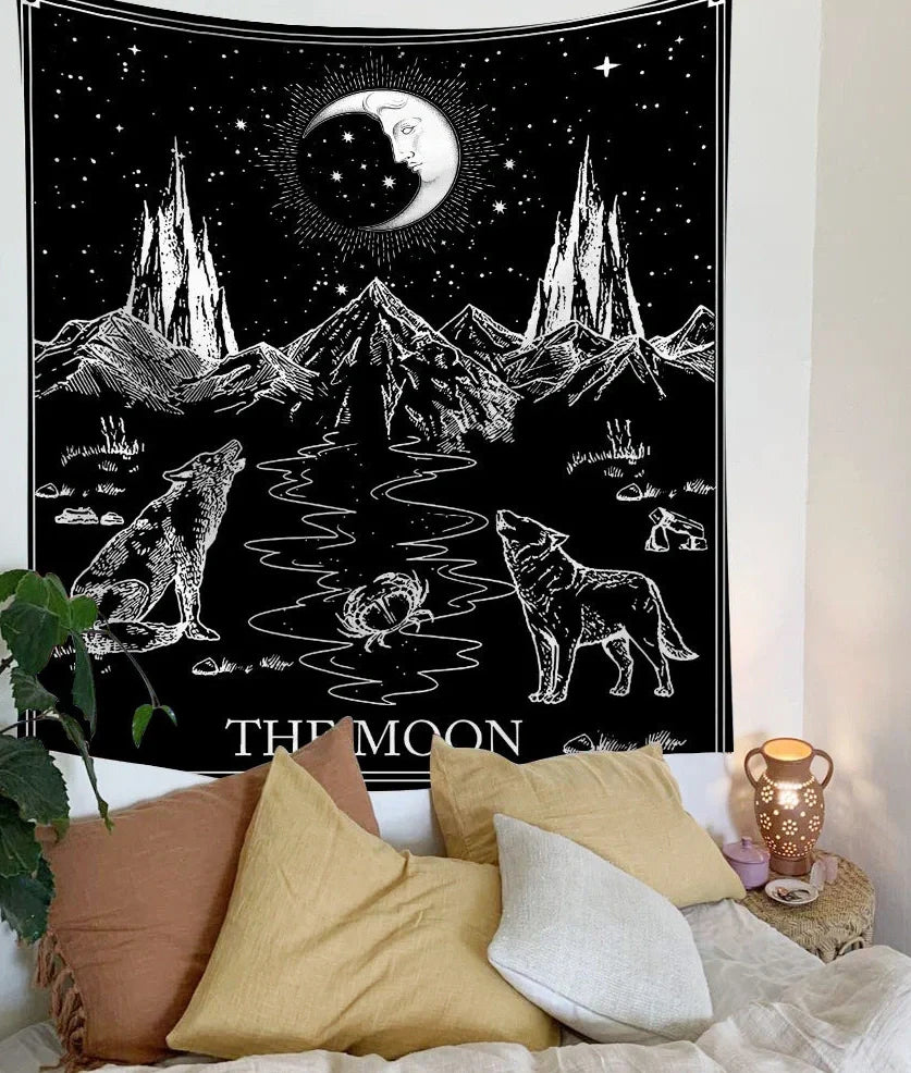 White and black geometric mandala pattern tapestry with sun and moon motifs on polyester fabric