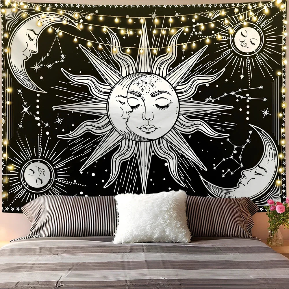 White and black geometric mandala pattern tapestry with sun and moon motifs on polyester fabric