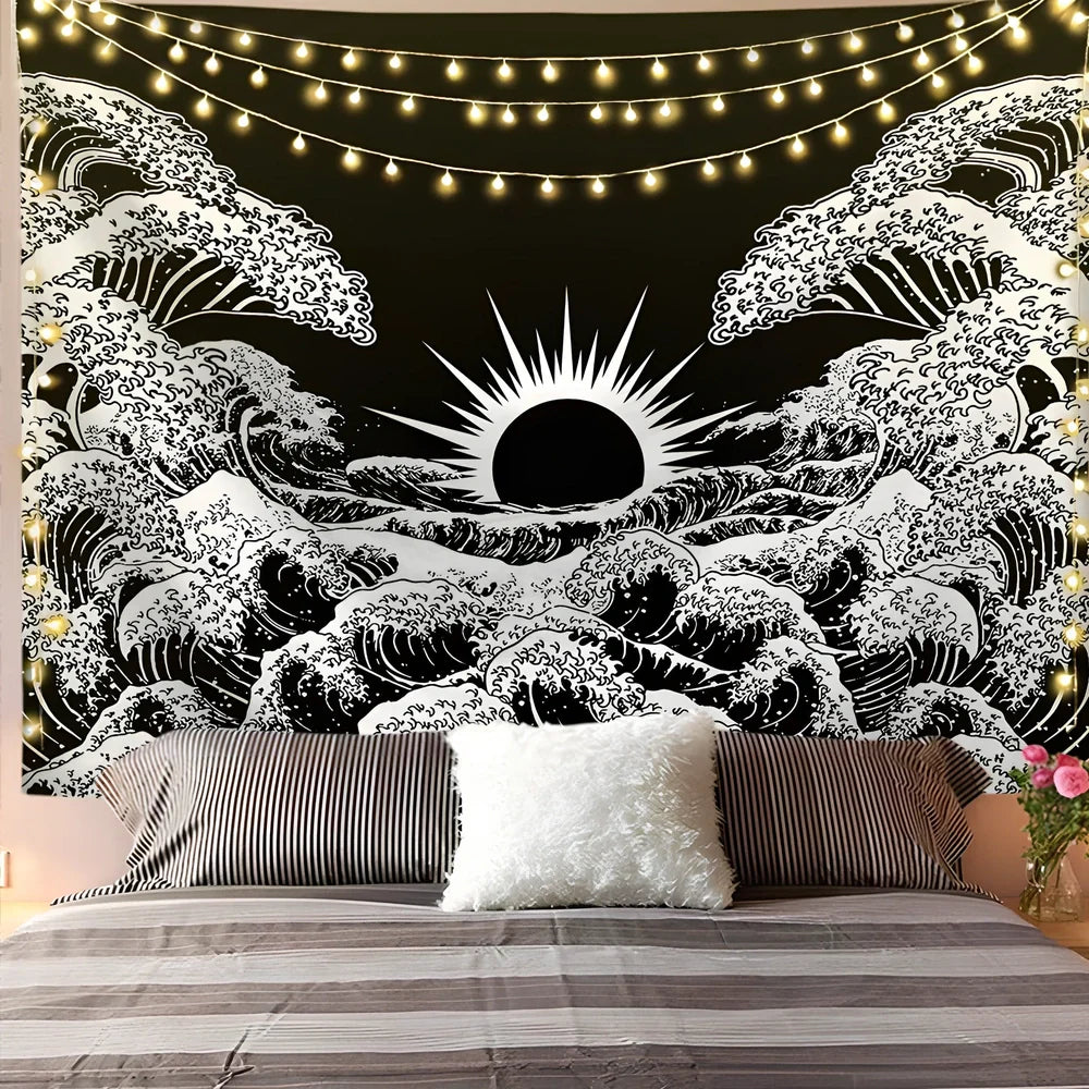 White and black geometric mandala pattern tapestry with sun and moon motifs on polyester fabric