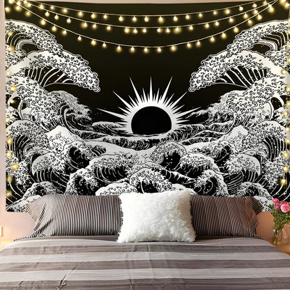 White and black geometric mandala pattern tapestry with sun and moon motifs on polyester fabric