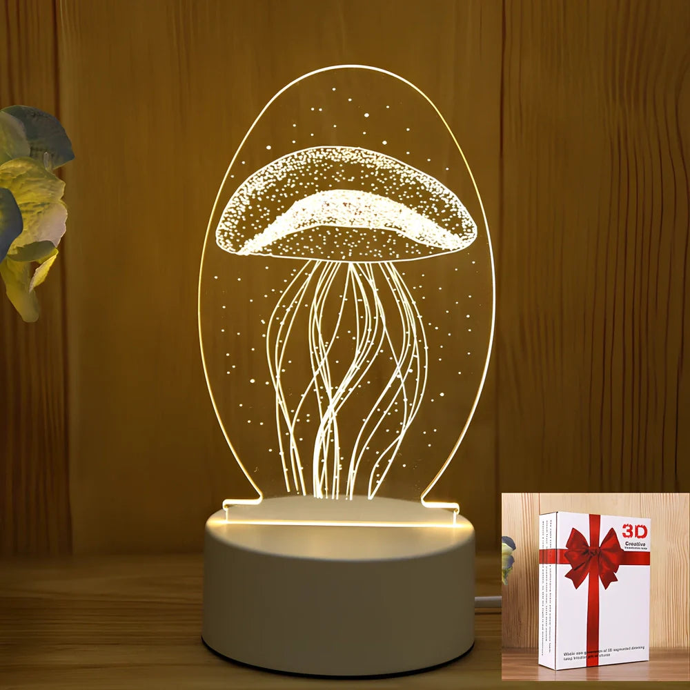 USB-powered night light with acrylic shade showing cartoon design options including unicorn and teddy bear