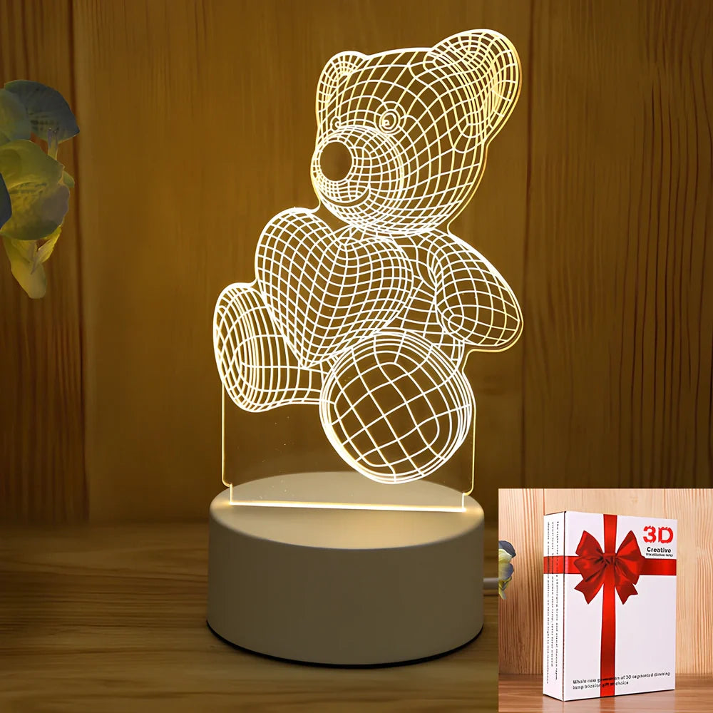 USB-powered night light with acrylic shade showing cartoon design options including unicorn and teddy bear