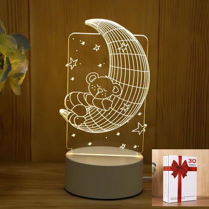 USB-powered night light with acrylic shade showing cartoon design options including unicorn and teddy bear