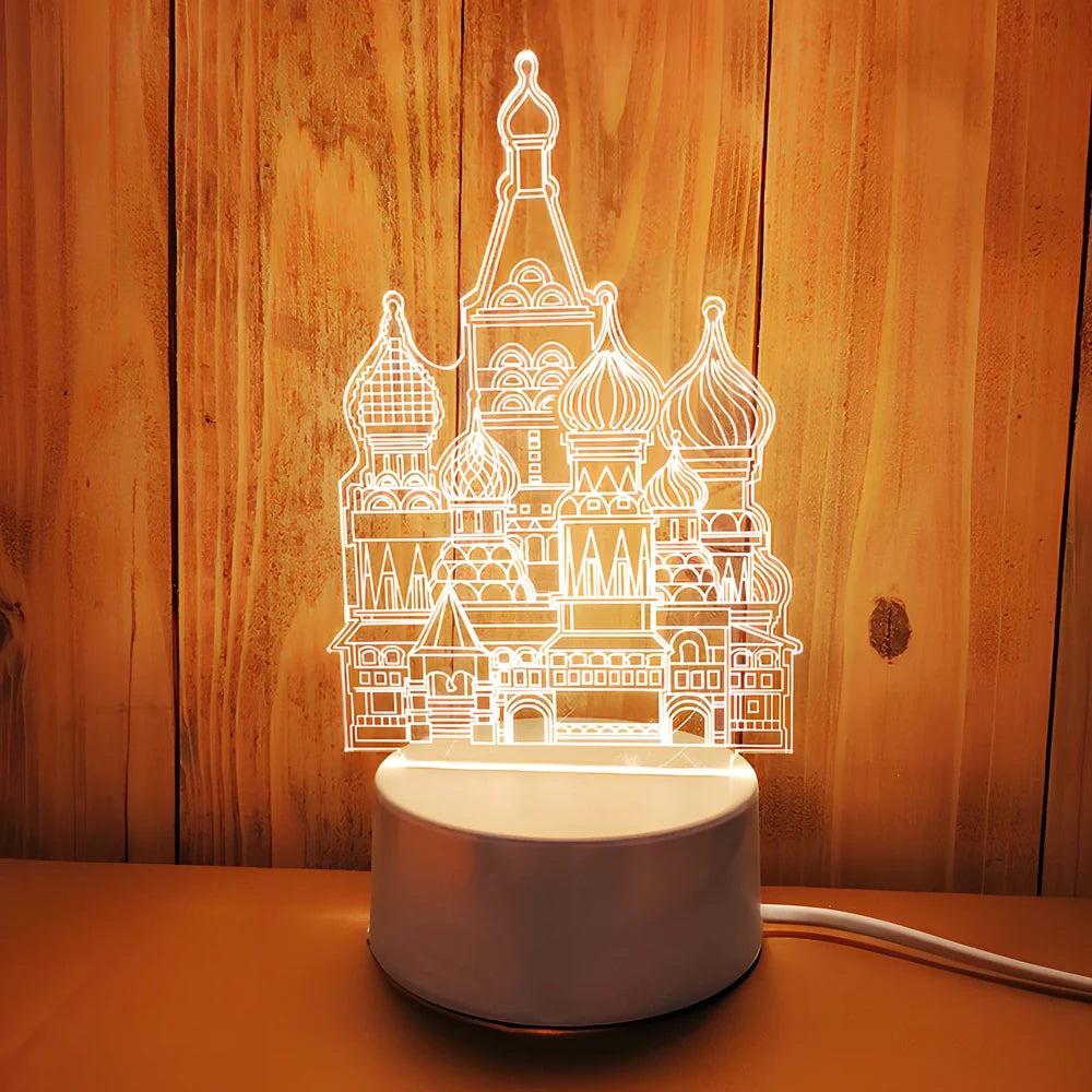 USB-powered night light with acrylic shade showing cartoon design options including unicorn and teddy bear