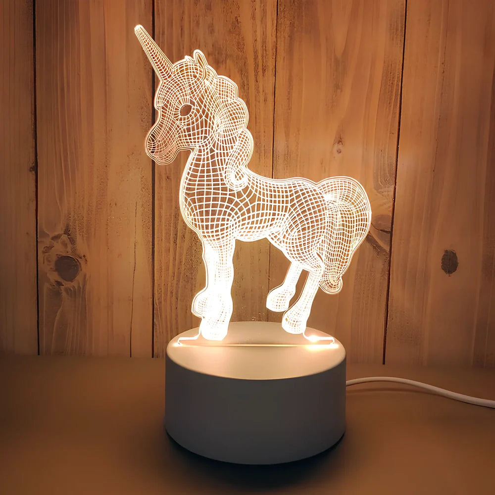 USB-powered night light with acrylic shade showing cartoon design options including unicorn and teddy bear