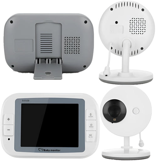 White 3.5 inch wireless baby monitor with camera showing night vision and temperature display