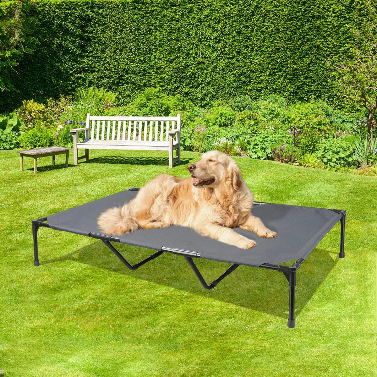 Large elevated pet camping bed with stainless steel frame in dark grey, available in L and XL sizes