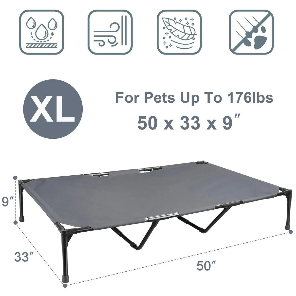 Large elevated pet camping bed with stainless steel frame in dark grey, available in L and XL sizes