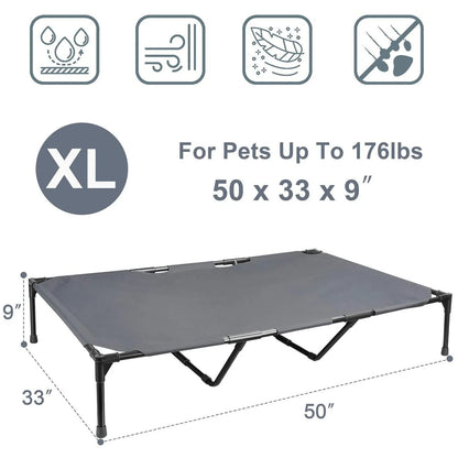 Large elevated pet camping bed with stainless steel frame in dark grey, available in L and XL sizes