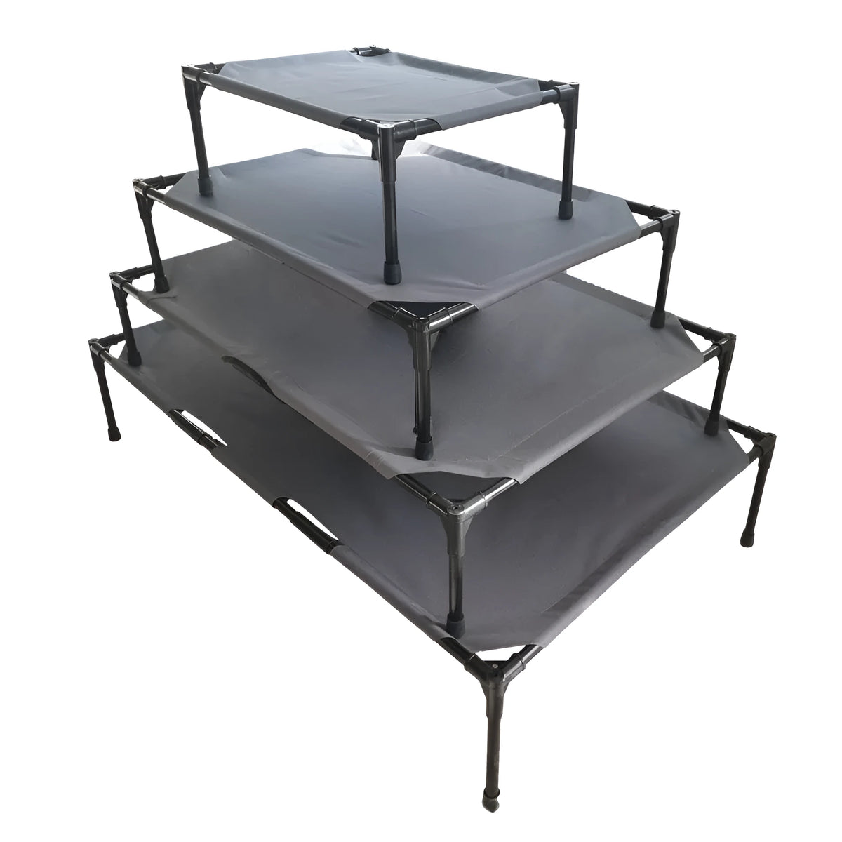 Large elevated pet camping bed with stainless steel frame in dark grey, available in L and XL sizes