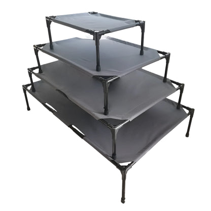 Large elevated pet camping bed with stainless steel frame in dark grey, available in L and XL sizes
