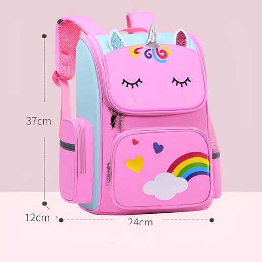 Royal blue children's school backpack with printing, shown in small and large size options.
