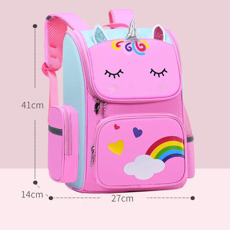 Royal blue children's school backpack with printing, shown in small and large size options.